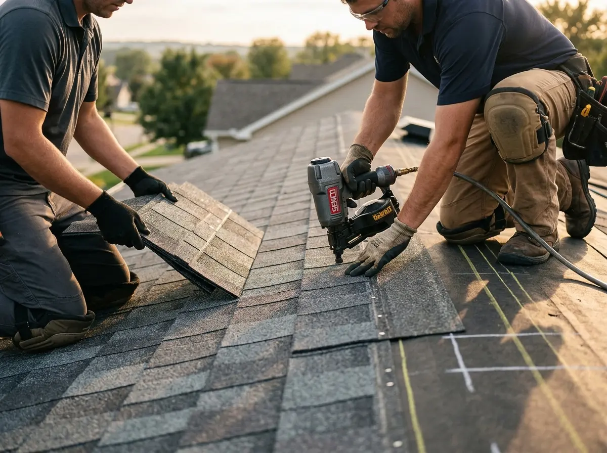 Professional roofer working on a residential roof in Tiburon